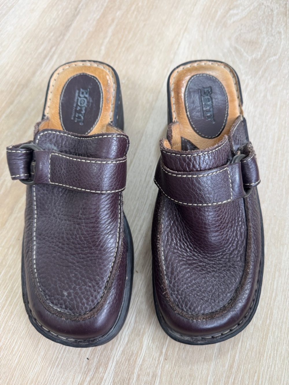 Born Men’s Dark Brown Leather Slip-On Clogs with Buckle Strap
